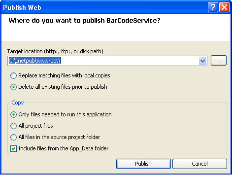 Publish Web dialog screen shot