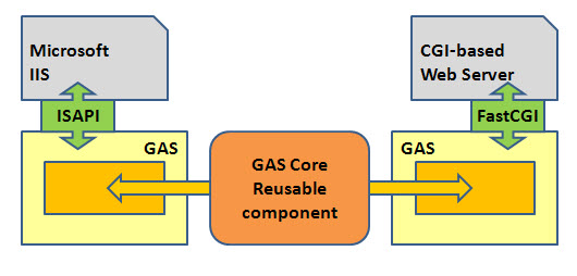 ISAPI plugs into IIS, FastCGI plugs into CGI-based Web Server. Both then plug into GAS, which has one central GAS Core Reusable component.
