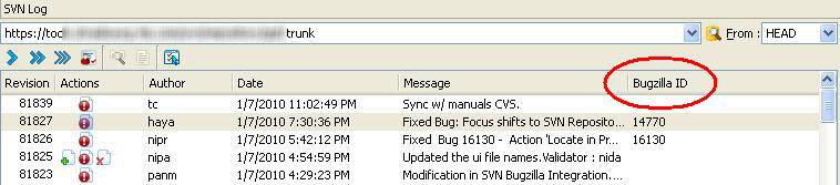 Genero Studio SVN Log with integrated Bugzilla ID field.