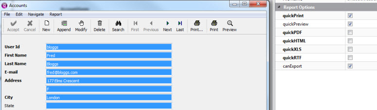 Screenshot of the Report Options properties in the Properties panel. These properties are defined in the Report Options Properties table in this topic.