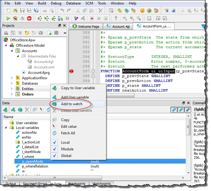 This figure shows creating a watchpoint on the p_openMode variable in the Data view.