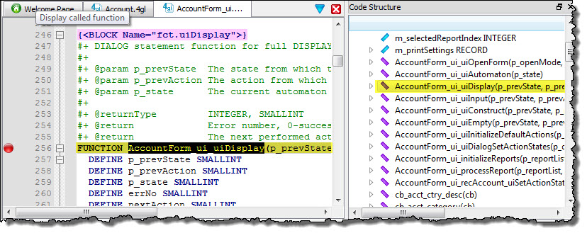 This figure shows a breakpoint created on the AccountForm_ui_uiDisplay() function after using the Code Structure view for navigation.