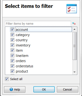 This figure is a screenshot of the Filter View. All tables are checked.