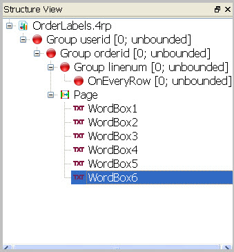 This figure shows a Report Structure with fields dynamically populating the Page node to create a single label.