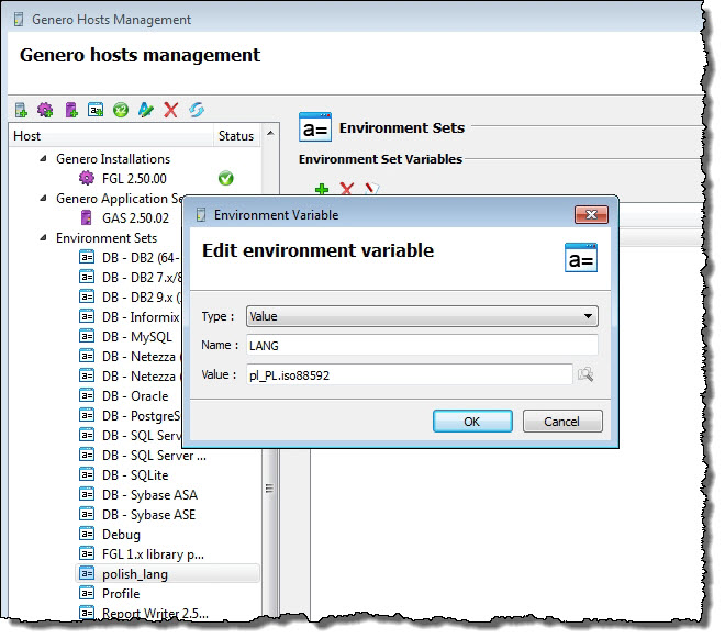 This screenshot shows configuration of the LANG environment variable in a new environment set for the Genero Studio server.