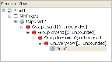 This figure shows a Mapchart Item under the OnEveryRow trigger node in the Report Structure View. This structure results in a single page report with one chart.