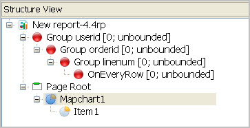 This figure shows a Mapchart Item under the Mapchart object node under PageRoot. See the surrounding text for information on modifying the Structure View.