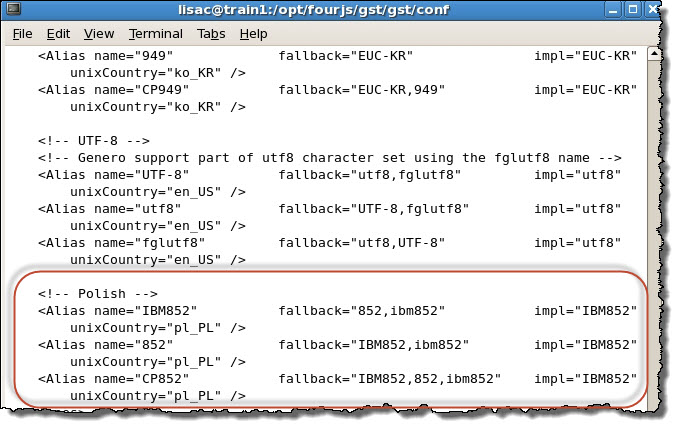 The figure shows the new entries in the encodingMap.xml file for the IBM852 alias.