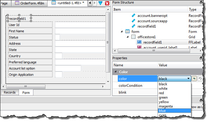 This figure shows color property options for a form item.