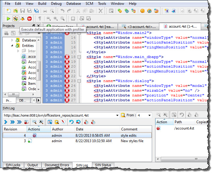 This figure shows the Blame view, with inline annotations showing the author and revision for the last change of each line in the file.