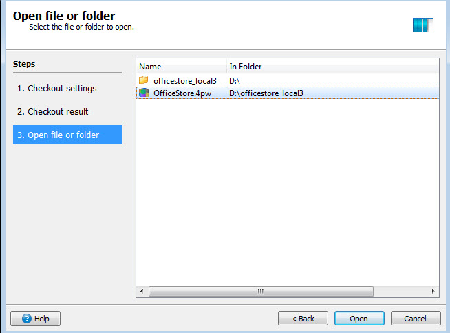 This figure shows how to select a project file to open in Project Manager after completing the checkout dialogs in the SCM Checkout wizard.