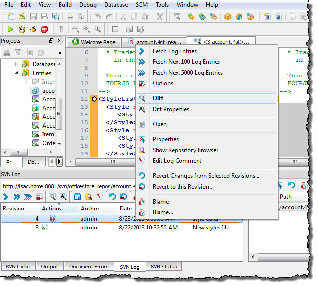 This figure shows the option to open the Diff utility to compare the selected revision with the previous revision.