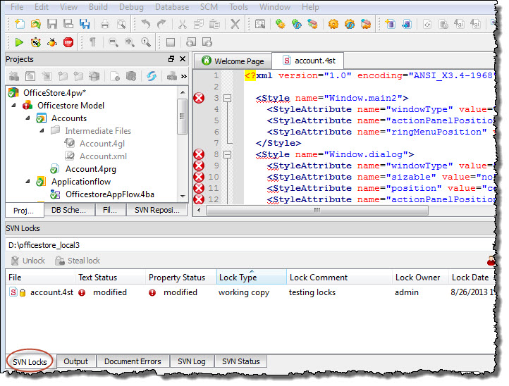 This figure shows the locked account.4st file in the SVN Locks view.