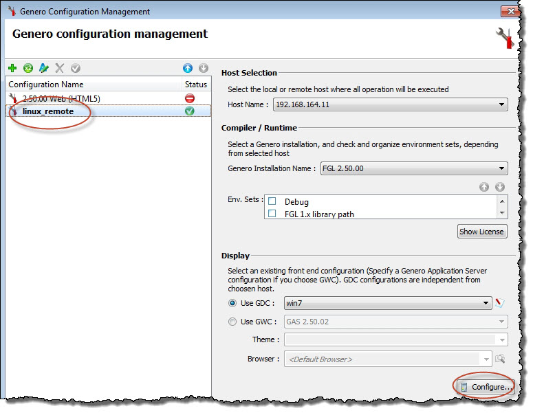 This screenshot shows the remote configuration for the Genero Studio server.