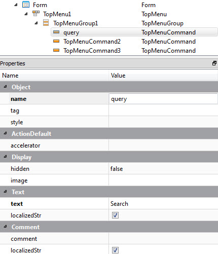 This figure is a screenshot of the Form Structure tab showing a TopMenu and its child nodes (TopMenuGroup, TopMenuCommand).