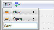 The graphical TopMenu editor with a File menu being built with New, Open, and Save options.