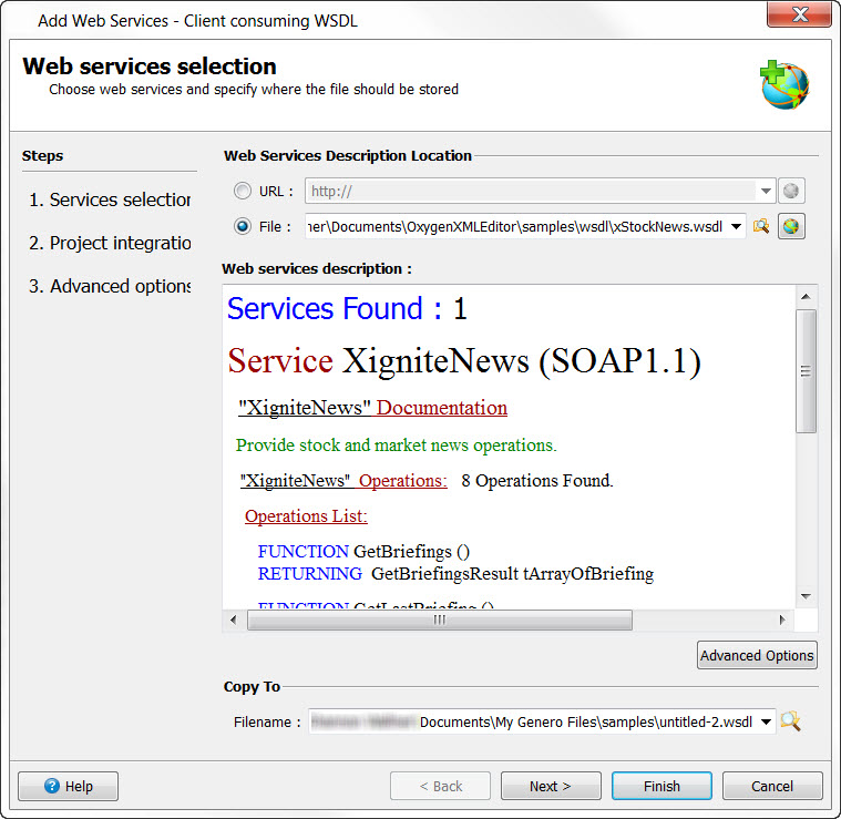 This figure is a screenshot of the Add Web Services - Client consuming WSDL dialog. See the surrounding text for more information about the fields shown on this window.